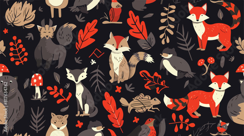 Seamless pattern wild forest fauna. Woods animals rep photo
