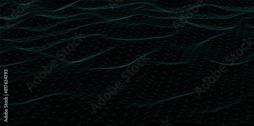 Abstract wave green wireframe  lines on black. Cyber technology concept. Vector illustration.