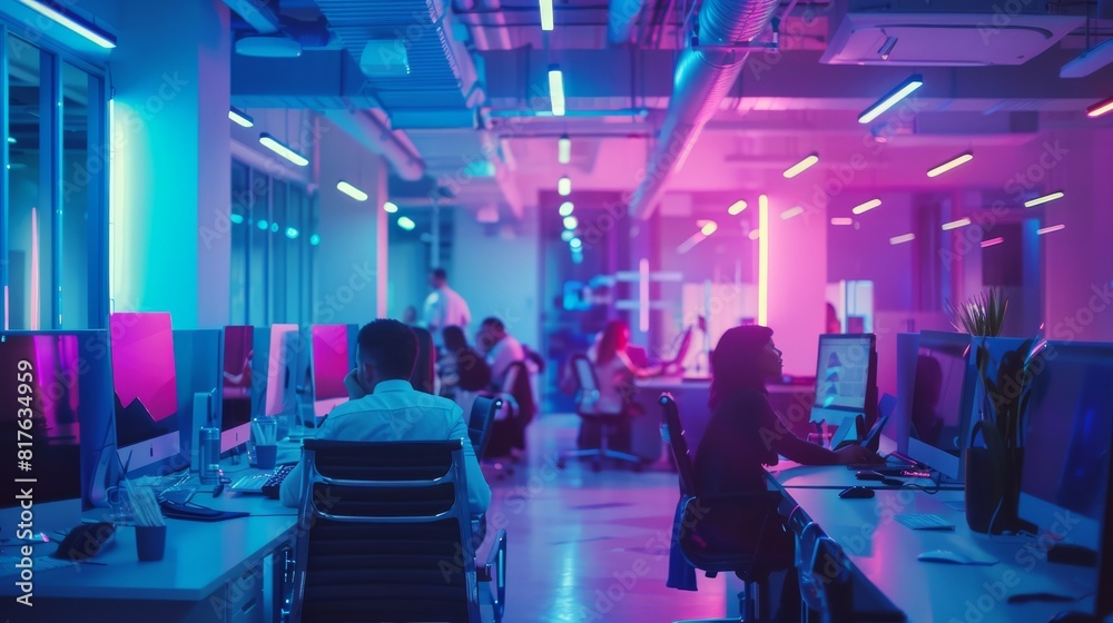 A neon colored office with people working at their desks. Scene is energetic and lively