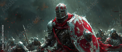 Armored knight with red and white shield charging into battle