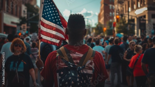 Young black man in a crowd of people with an American flag