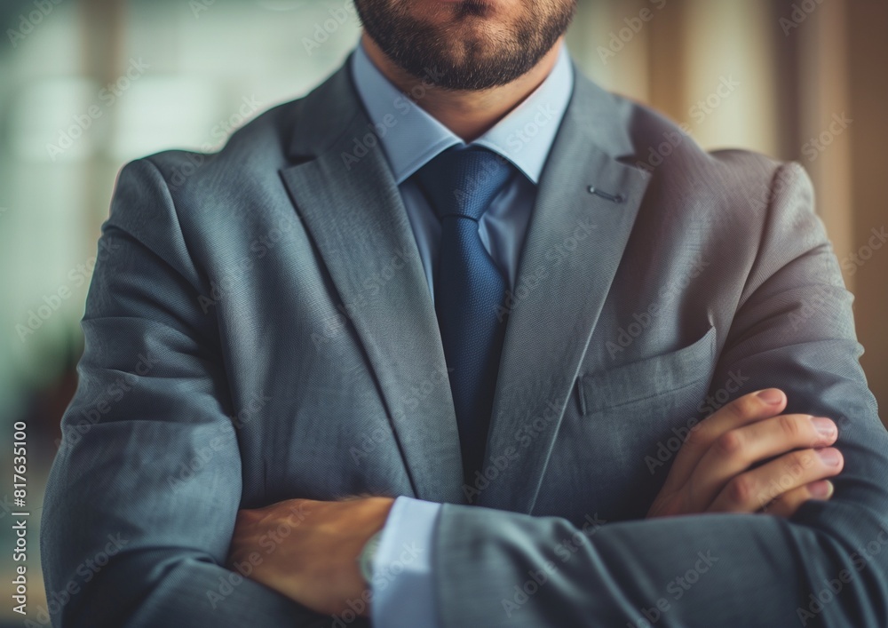 Confident Businessman in Gray Suit with Arms Crossed Standing in Office Confident Businessman in Gray Suit with Arms Crossed Standing in Office