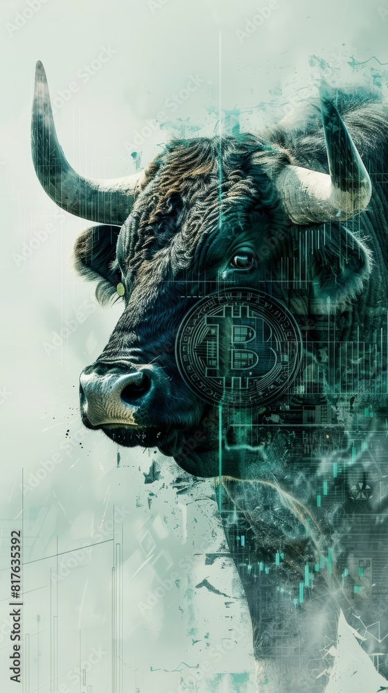 A bull with a large horn is standing in front of a large bitcoin symbol. The bull is surrounded by a green and blue background, giving the image a futuristic and technological feel