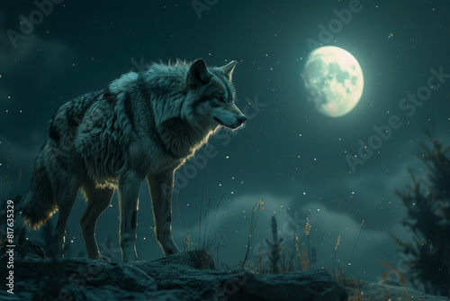 a magical picture of an elegant wolf in cold night under the starry mesmerizing night with moon in sight creating fabulous scene