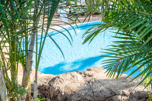 Serene poolside through lush palm fronds, showcasing tranquil, secluded tropical escape. Vibrant blue water contrasts with natural greens, earthy landscape tones.