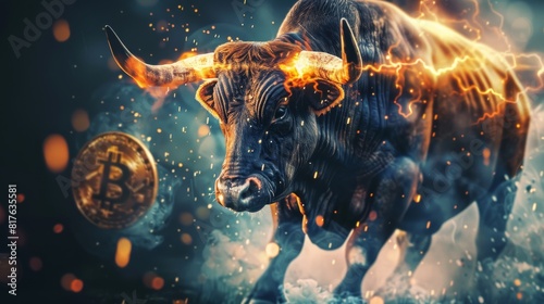 A bull with a bitcoin on its head. The bull is surrounded by fire and smoke. Scene is intense and dramatic