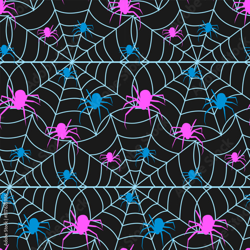Seamless pattern of multi-colored spiders crawling on the web