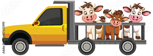 Three happy cows in a yellow pickup truck