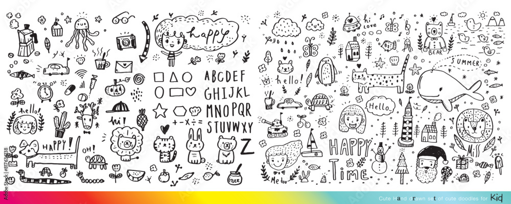 Collection of hand drawn cute doodles,Doodle children drawing,Sketch set of drawings in child style,Funny Doodle Hand Drawn,Page for coloring, cute animal hand drawn