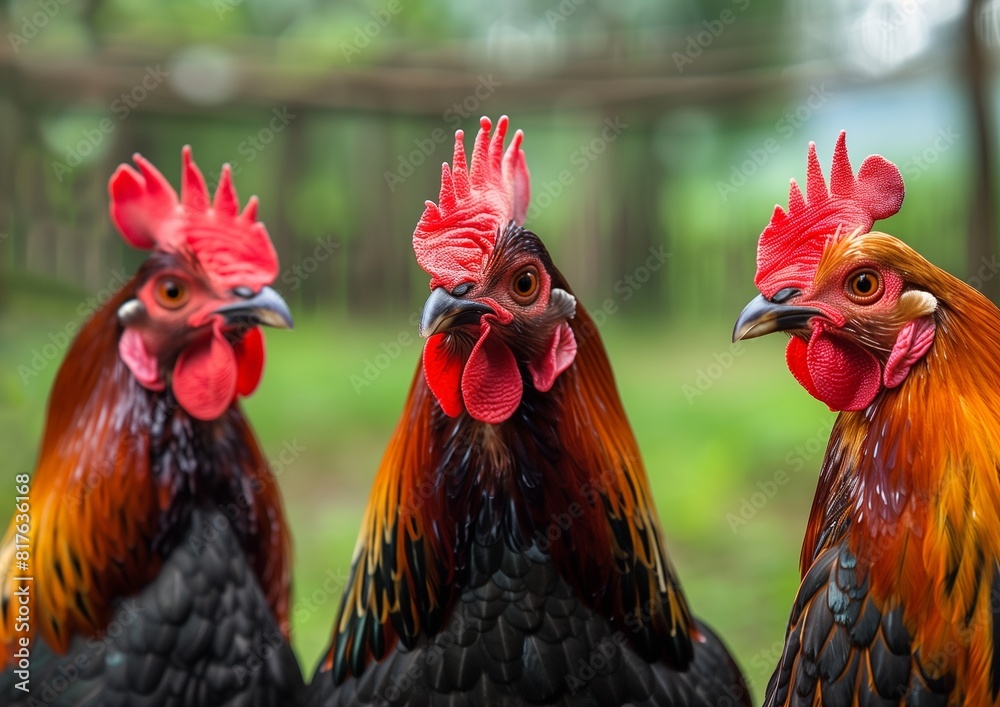 Fototapeta premium Vibrant Trio of Roosters Posing in Lush Greenery Close-up Portrait