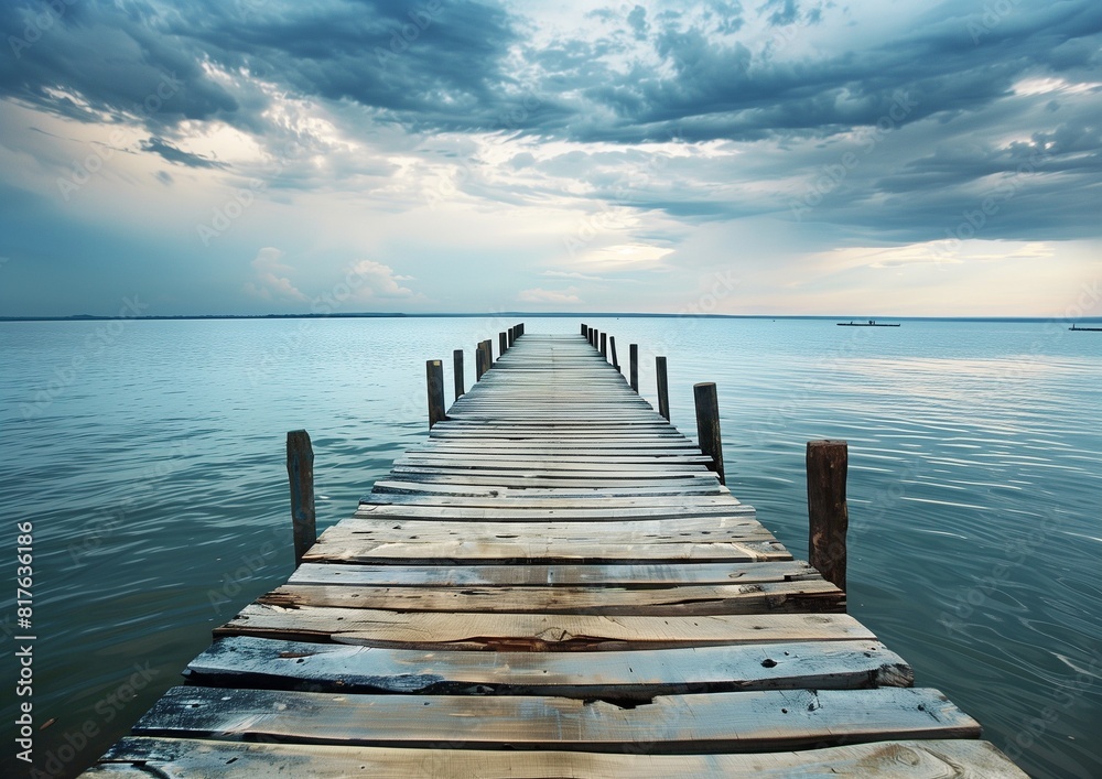 Obraz premium Tranquil Wooden Pier Extending into Calm Blue Sea under Cloudy Sky at Dawn