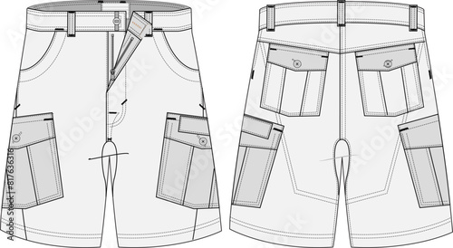 Cargo Shorts Technical Fashion Illustration Mock-up Template for Design and Tech Packs 