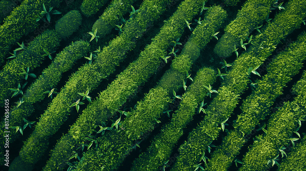 an aerial view of a tea plantation with rows of tea plants