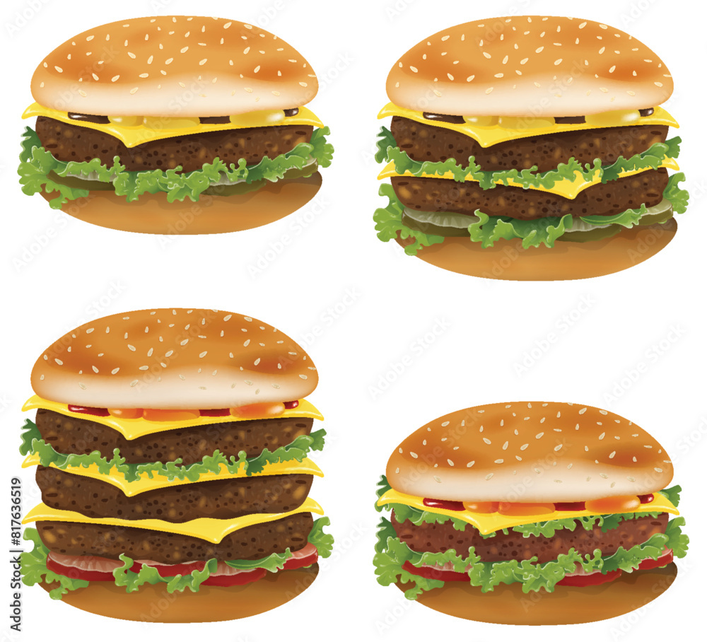 Four cheeseburgers with lettuce and cheese Four cheeseburgers with lettuce and cheese