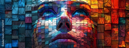A digital mosaic of blocks forming an abstract face.