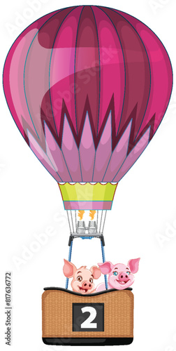 Two pigs enjoying a ride in a colorful balloon