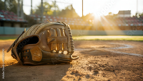 A well-worn leather baseball glove resting on a sun. photo