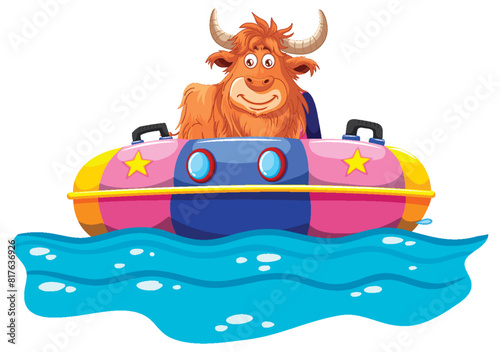 Cartoon yak smiling in a colorful bumper boat