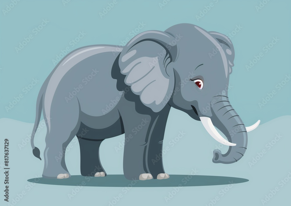 Cute Cartoon Elephant Standing on a Plain Blue Background Illustration