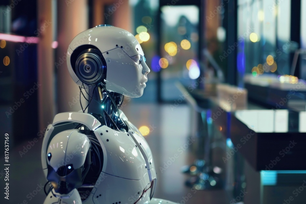 Modern robot sitting at table with glass of water in front, futuristic technology concept Modern robot sitting at table with glass of water in front, futuristic technology concept
