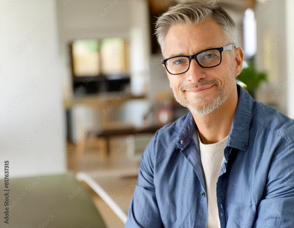 Middle aged man grey hair with eyeglasses and blue shirt on home interior Middle aged man grey hair with eyeglasses and blue shirt on home interior