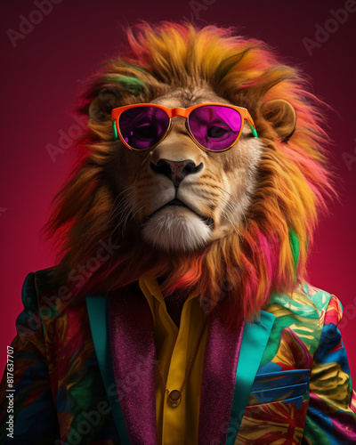 Anthropomorphic lion wearing colorful sunglasses and suit  on a dark red background. Vibrant colors.   Editorial fashon photography