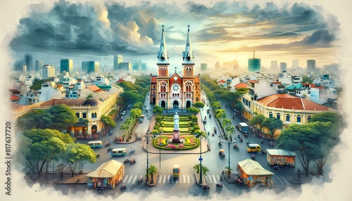 watercolor painting of the Notre-Dame Cathedral Basilica of Saigon in Ho Chi Minh City, Vietnam.