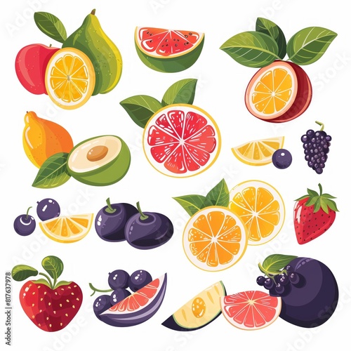 Fresh Assorted Fruits Illustration Set with Citrus and Berries