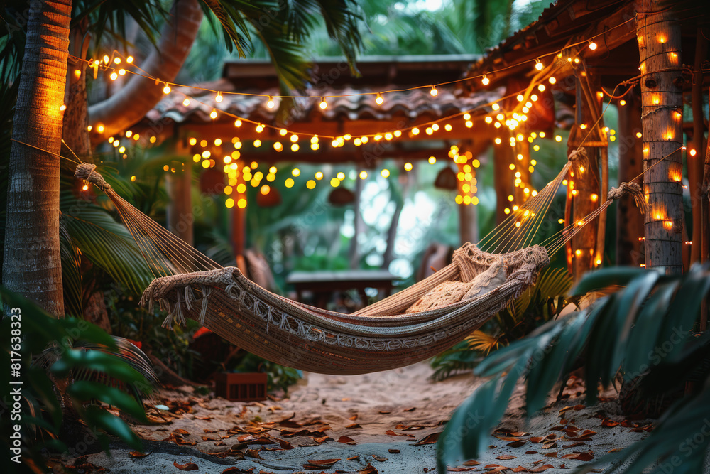 Fototapeta premium Cozy hammock with string lights in a tropical garden setting, ideal for a relaxing evening.