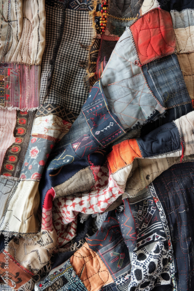 Closeup view of a patchwork quilt, with different fabrics and stitching patterns contributing to the textured design. 