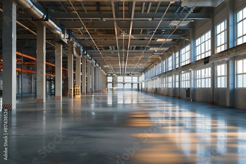Modern industrial warehouse interior with sunlight