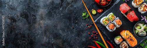 Colorful Japanese Cuisine Sushi Set with Space for Copy on Dark Background