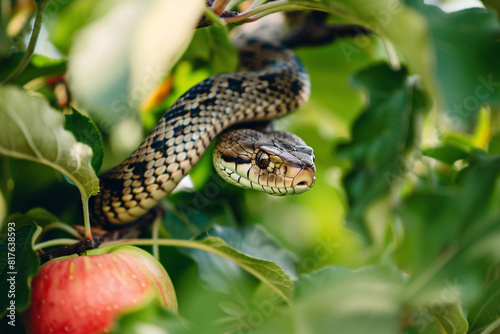 Red apple and snake on green tree