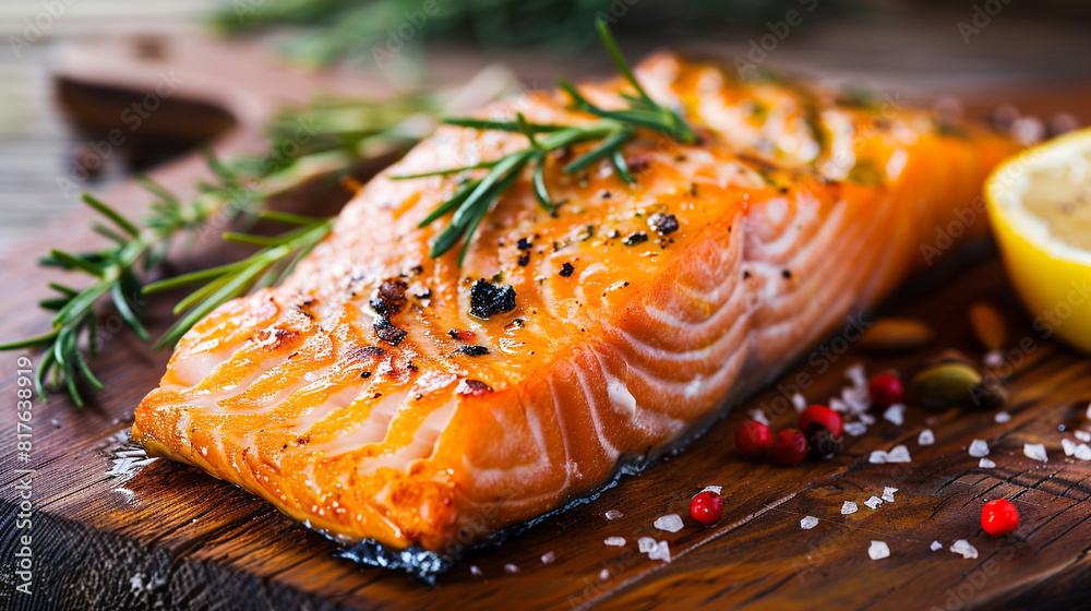Grilled salmon fillet served with on a wooden surface. Grilled salmon fillet served with on a wooden surface.