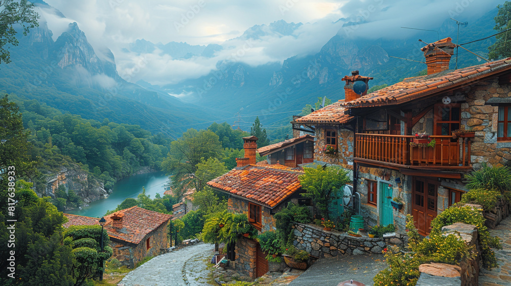 A charming traditional town nestled in the mountains, with stone houses featuring wooden beams, balconies, and stunning mountain views overlooking a valley and river.