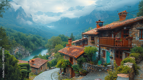 A charming traditional town nestled in the mountains, with stone houses featuring wooden beams, balconies, and stunning mountain views overlooking a valley and river.