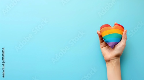 hand holding rainbow heart, blank space, minimalism, negative space, template, pride month lgbtqia theme, pastel background wallpaper photo