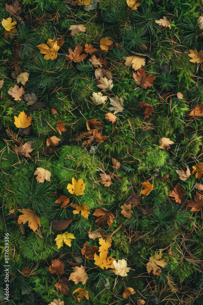 An overhead view of a forest floor covered in fallen leaves, pine needles, and moss, creating a textured carpet of foliage An overhead view of a forest floor covered in fallen leaves, pine needles, and moss, creating a textured carpet of foliage