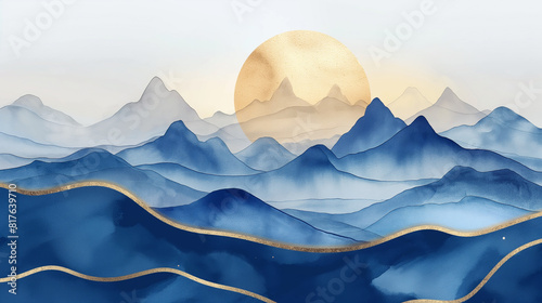 Abstract mountain and golden line arts background vector. Watercolor oriental minimal style painting, landscape, sun, hills, clouds texture. Wall art design for home decor, wallpaper, prints.  photo