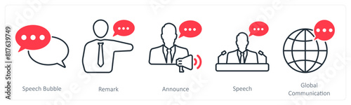 A set of 5 communication icons as speech bubble, remark, announce