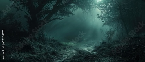 Gloomy forest  flashlight reveals hidden paths  ancient secrets veiled in darkness