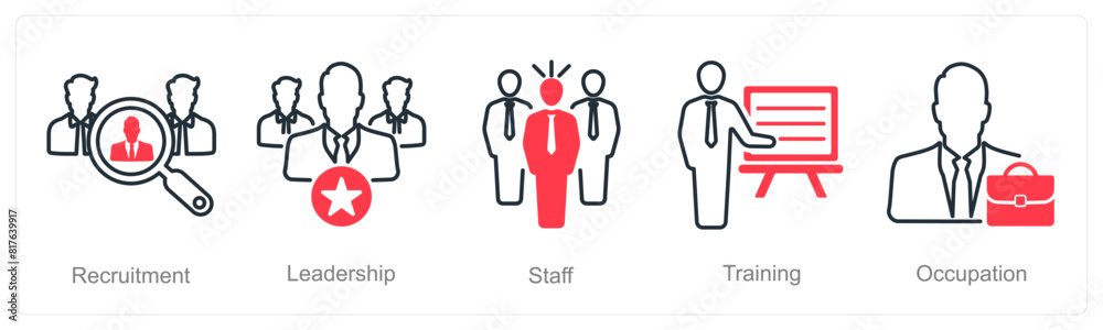 A set of 5 recruitment icons as recruitment, leadership, staff A set of 5 recruitment icons as recruitment, leadership, staff