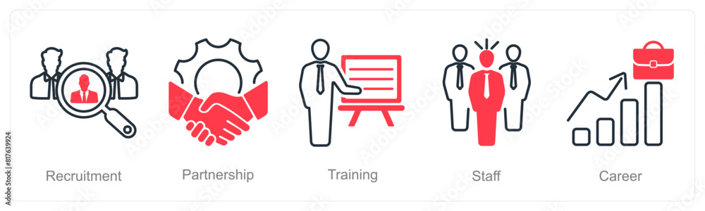 A set of 5 recruitment icons as recruitment, partnership, training A set of 5 recruitment icons as recruitment, partnership, training