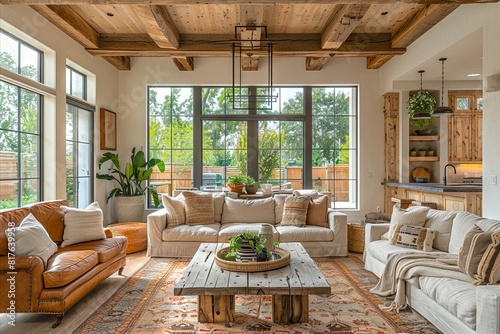 Wallpaper Mural A living room with white couches and wood beams. Torontodigital.ca