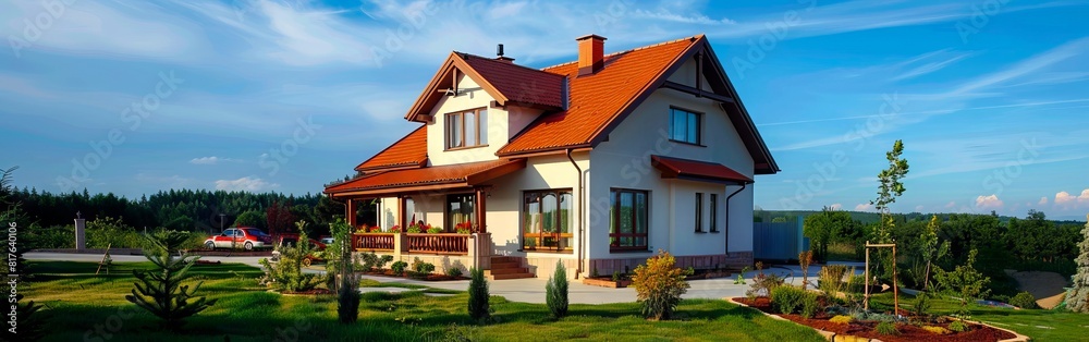 A small house with a red roof and green grass. A small house with a red roof and green grass.