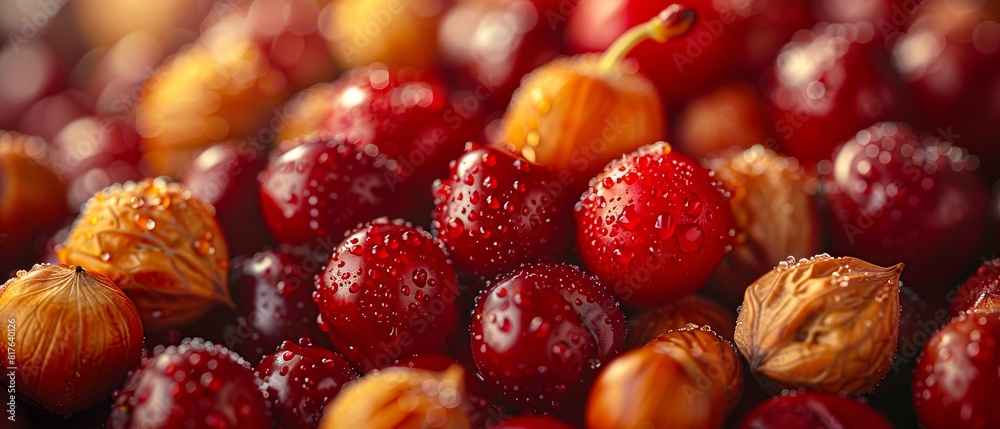 A close up of cranberries with water droplets. A close up of cranberries with water droplets.