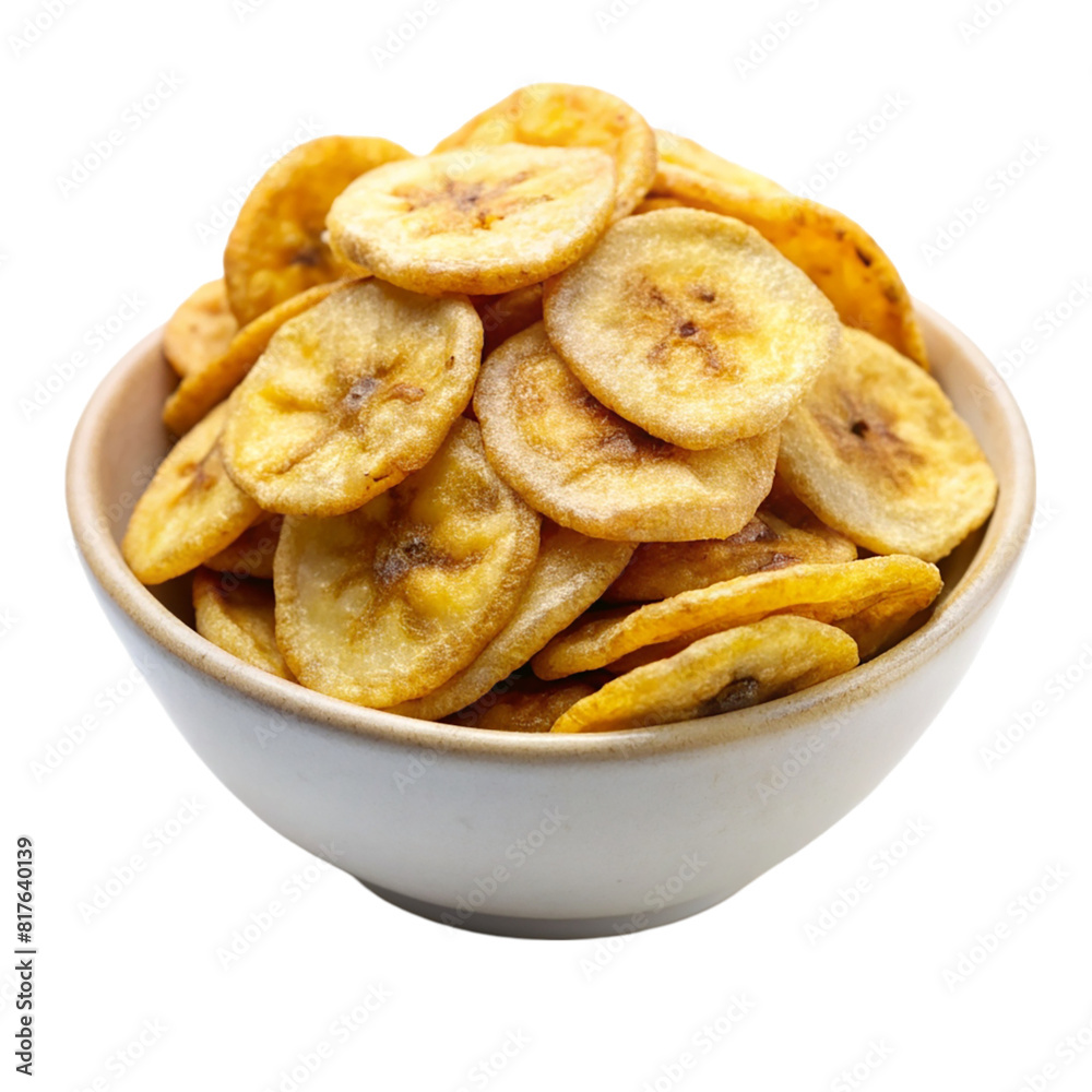 A bowl of banana chips and sliced bananas isolated on transparent background A bowl of banana chips and sliced bananas isolated on transparent background