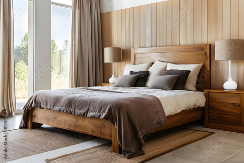 Modern wooden bedroom interior with natural light