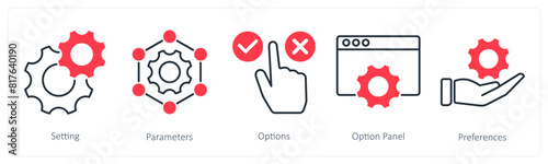 A set of 5 Settings icons as setting, parameters, options