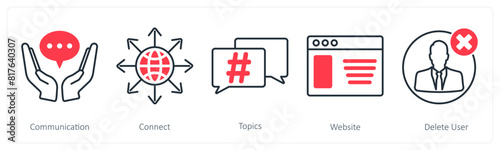 A set of 5 Social Media icons as communication, connect, topics